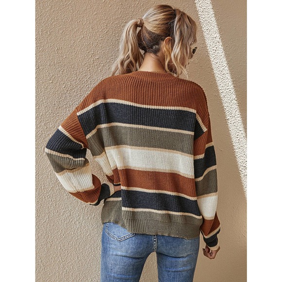 Striped stripe soft knit Oversized Sweater fall tan gray green cream tan - Picture 2 of 8